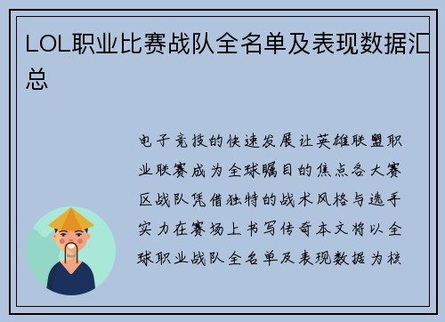 LOL职业比赛战队全名单及表现数据汇总