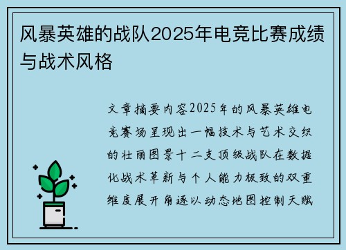 风暴英雄的战队2025年电竞比赛成绩与战术风格